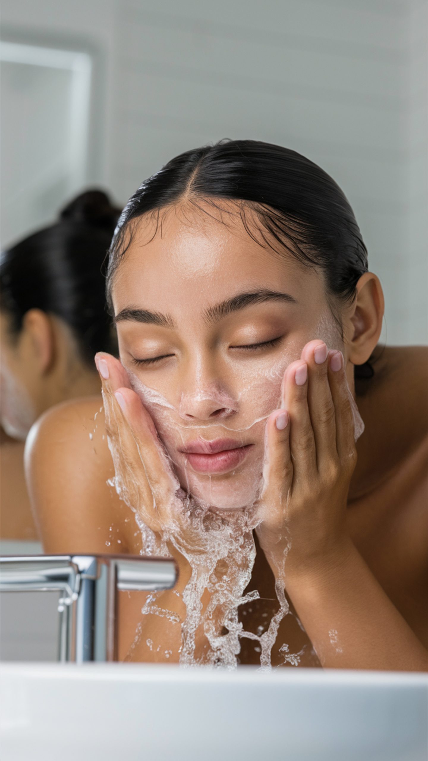 woman is washing her face with bottle shampoo scaled aesthetic medical spa treatment McLean VA En Santé Med