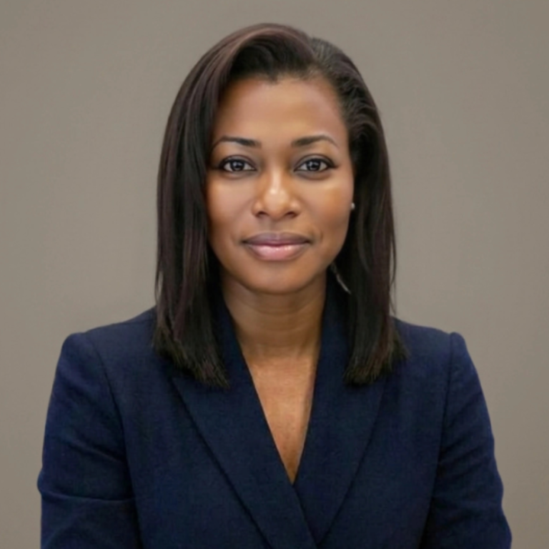 Professional portrait of a woman in a navy blazer with a belt, seated against a neutral gray background.