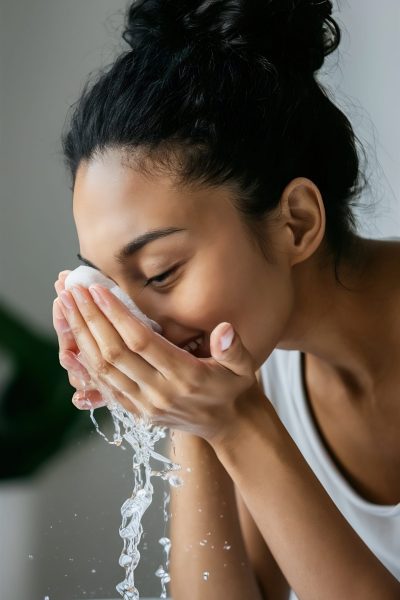profile portrait beautiful smiling woman washing her clean face with water scaled aesthetic medical spa treatment McLean VA En Santé Med