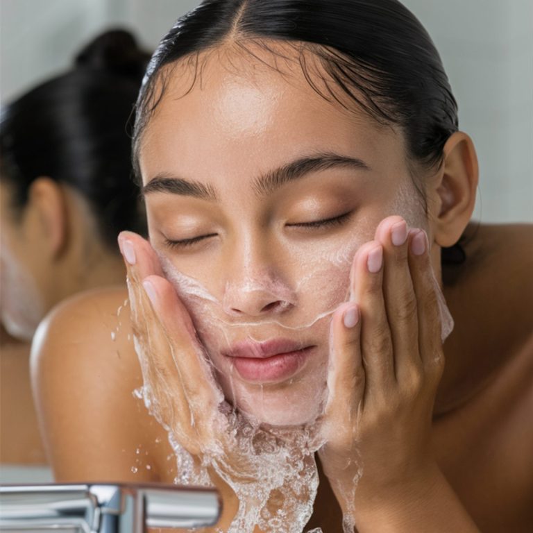 woman is washing her face with bottle shampoo scaled aesthetic medical spa treatment McLean VA En Santé Med